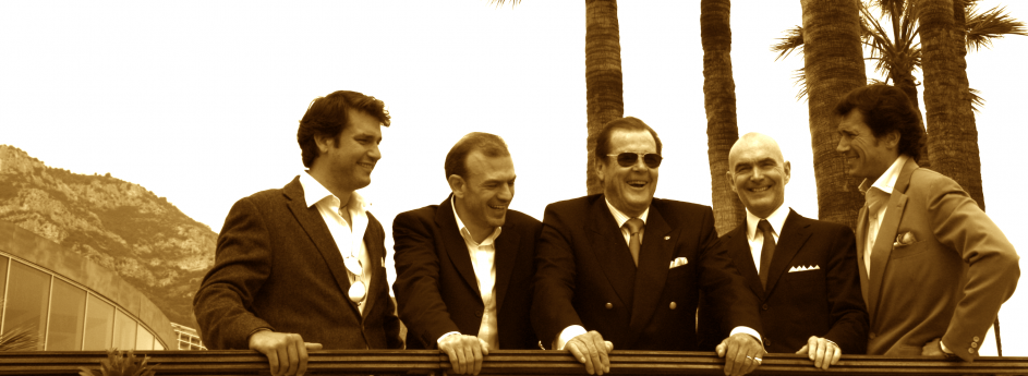 Left to right: Christian Moore, Klaus Lovgreen, Sir Roger Moore, Markus Lehner and Geoffrey Moore